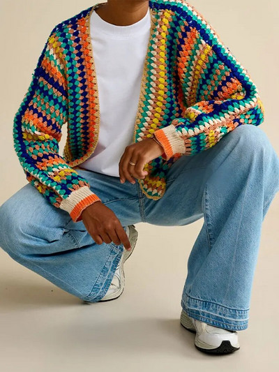 Ženski pleteni kardigan na šarene pruge, modni džemper dugih rukava, kaputi duginih boja, jesenski ženski ulični džemperi 2023.