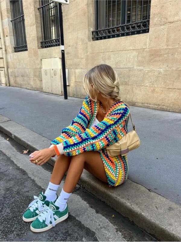 Ženski pleteni kardigan na šarene pruge, modni džemper dugih rukava, kaputi duginih boja, jesenski ženski ulični džemperi 2023.