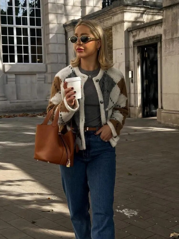 Modni pleteni kardigan kontrastne boje s O-izrezom Vintage Elegantni jednoredni kaput dugih rukava Ženska vrhunska odjeća