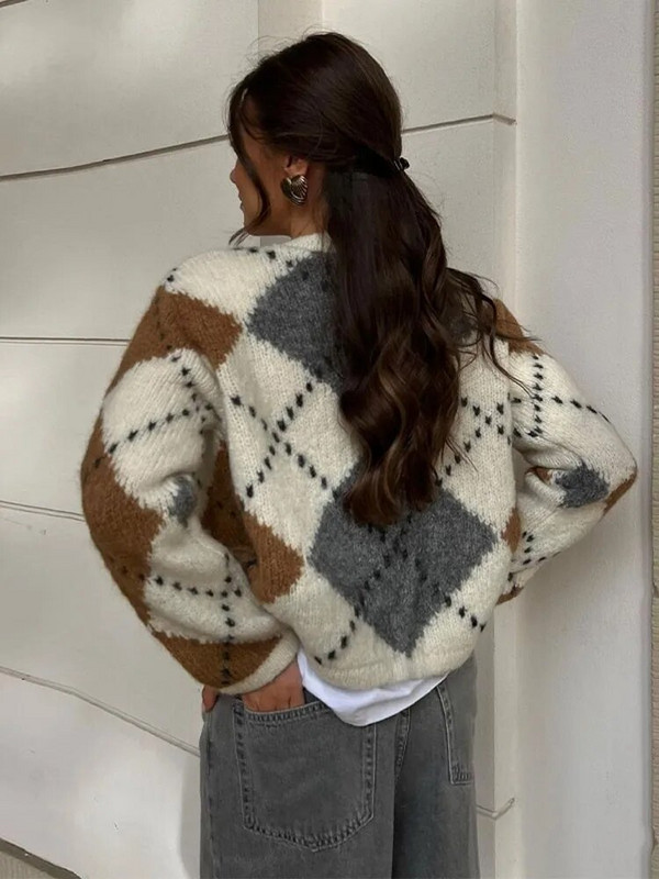 Modni pleteni kardigan kontrastne boje s O-izrezom Vintage Elegantni jednoredni kaput dugih rukava Ženska vrhunska odjeća