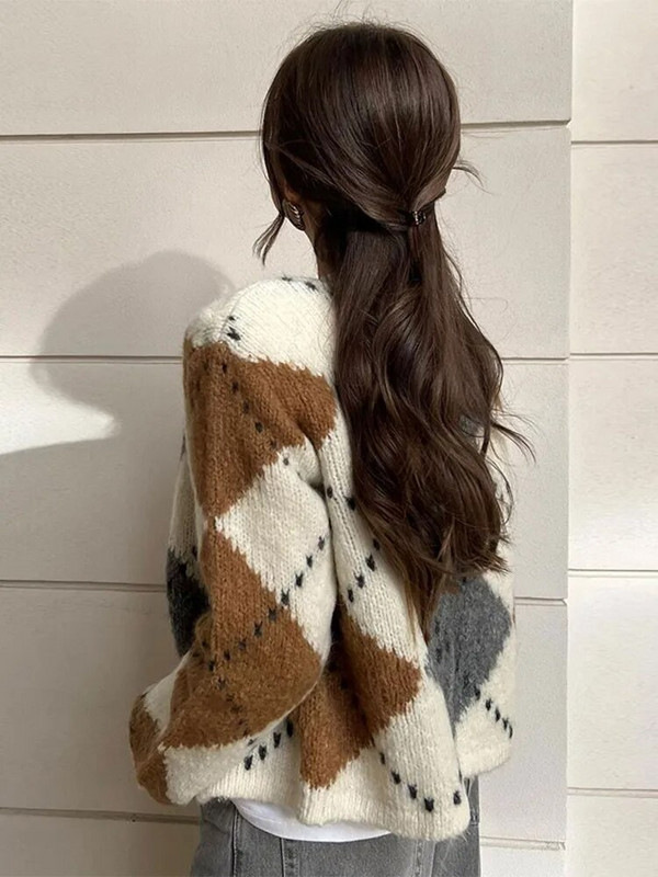 Modni pleteni kardigan kontrastne boje s O-izrezom Vintage Elegantni jednoredni kaput dugih rukava Ženska vrhunska odjeća