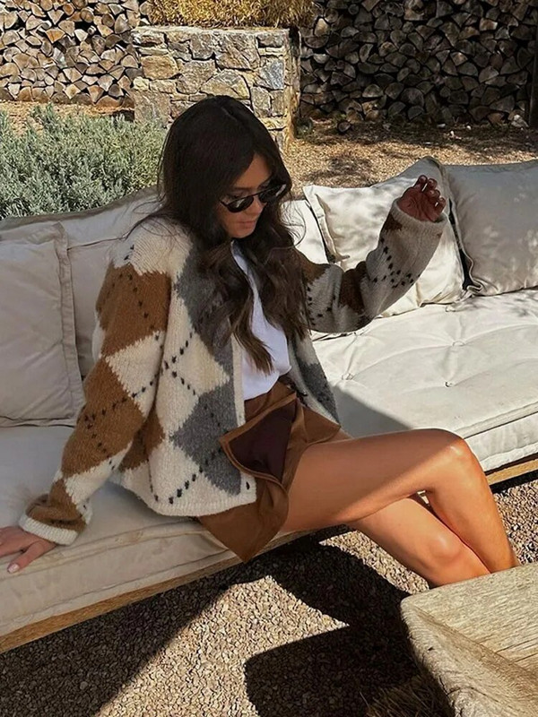 Modni pleteni kardigan kontrastne boje s O-izrezom Vintage Elegantni jednoredni kaput dugih rukava Ženska vrhunska odjeća