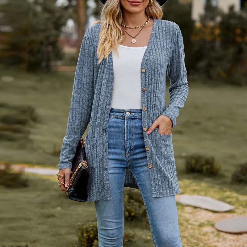 Setiadia Jesen Ženska kardigan jakna dugih rukava s jamičastim prugama, mat jednobojne majice s gumbima Za modnu žensku odjeću 2023.