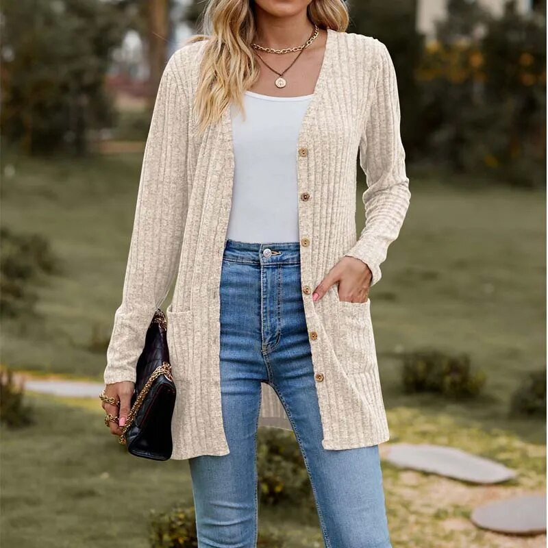 Setiadia Jesen Ženska kardigan jakna dugih rukava s jamičastim prugama, mat jednobojne majice s gumbima Za modnu žensku odjeću 2023.
