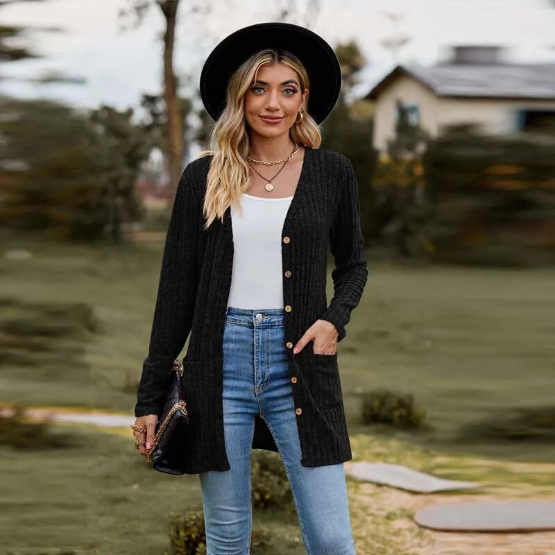 Setiadia Jesen Ženska kardigan jakna dugih rukava s jamičastim prugama, mat jednobojne majice s gumbima Za modnu žensku odjeću 2023.