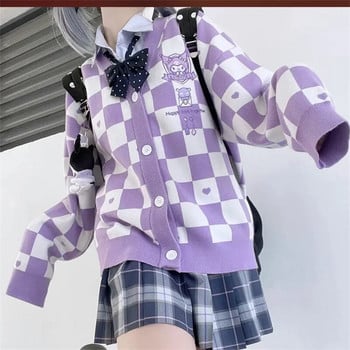 Kawaii Cartoon Ebroidery Cardigan Γυναικεία Jk Uniform Παλτό Πουλόβερ σκακιέρα Φθινοπωρινό Χαλαρό Y2k Πλεκτά Sueters De Mujer