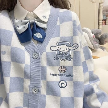 Kawaii Cartoon Ebroidery Cardigan Γυναικεία Jk Uniform Παλτό Πουλόβερ σκακιέρα Φθινοπωρινό Χαλαρό Y2k Πλεκτά Sueters De Mujer