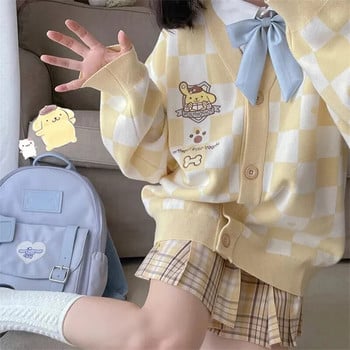 Kawaii Cartoon Ebroidery Cardigan Γυναικεία Jk Uniform Παλτό Πουλόβερ σκακιέρα Φθινοπωρινό Χαλαρό Y2k Πλεκτά Sueters De Mujer