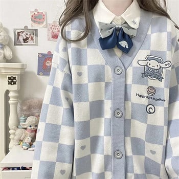 Kawaii Cartoon Ebroidery Cardigan Γυναικεία Jk Uniform Παλτό Πουλόβερ σκακιέρα Φθινοπωρινό Χαλαρό Y2k Πλεκτά Sueters De Mujer