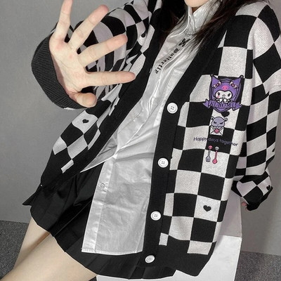 Kawaii kardigan s vezom iz crtanih filmova Ženska JK uniforma Džemper s šahovskom pločom Jesenski široki Y2k pleteni Sueters De Mujer