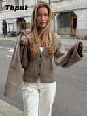 Sieviešu elegants V veida kakla izgriezuma jaciņš ar vienrindu dāmu modes vienkrāsains jakas ar garām piedurknēm kabatas jakas Sieviešu ikdienas ielas trikotāžas tops