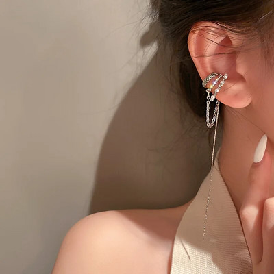 Srebrne boje Crystal Tassel Non-Pircing Manžeta za uho, naušnica s štipaljkom za žene, sjajni lanac od vještačkih dijamanata, lažni nakit za piercing hrskavice