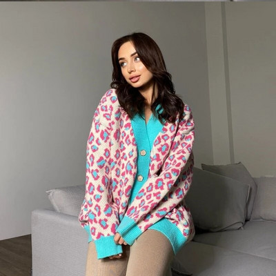 Pleteni kardigan s leopard uzorkom Ženski jednoredni jesenski pulover s V-izrezom kontrastnih boja Ženska zimska majica dugih rukava 2023.