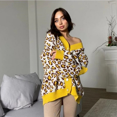 Pleteni kardigan s leopard uzorkom Ženski jednoredni jesenski pulover s V-izrezom kontrastnih boja Ženska zimska majica dugih rukava 2023.