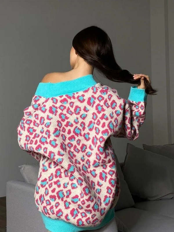 Pleteni kardigan s leopard uzorkom Ženski jednoredni jesenski pulover s V-izrezom kontrastnih boja Ženska zimska majica dugih rukava 2023.