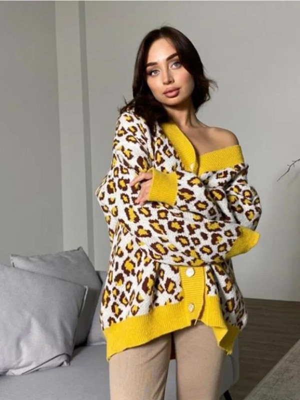 Pleteni kardigan s leopard uzorkom Ženski jednoredni jesenski pulover s V-izrezom kontrastnih boja Ženska zimska majica dugih rukava 2023.
