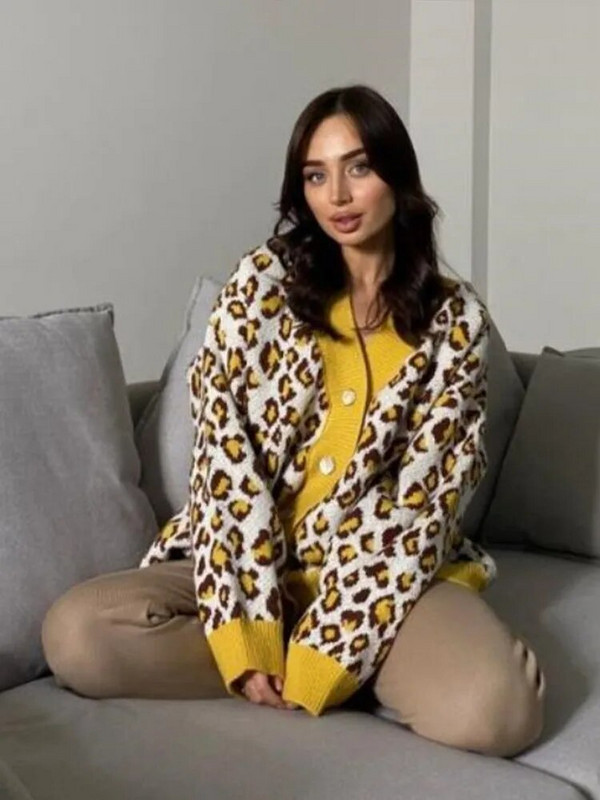 Pleteni kardigan s leopard uzorkom Ženski jednoredni jesenski pulover s V-izrezom kontrastnih boja Ženska zimska majica dugih rukava 2023.
