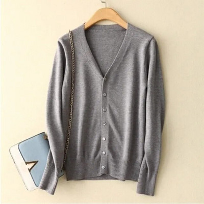 Proljetno-jesenski ženski jednobojni pleteni džemper džemper s jednim kopčanjem, uski pulover s V-izrezom Ležerni džemper kaput