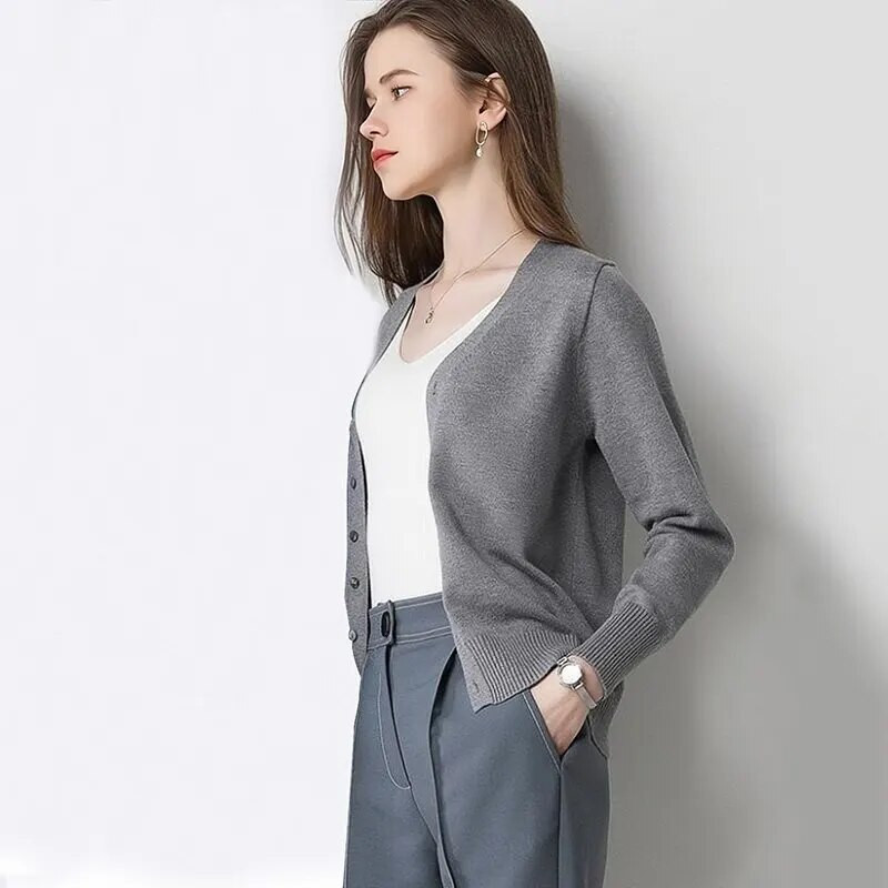 Proljetno-jesenski ženski jednobojni pleteni džemper džemper s jednim kopčanjem, uski pulover s V-izrezom Ležerni džemper kaput