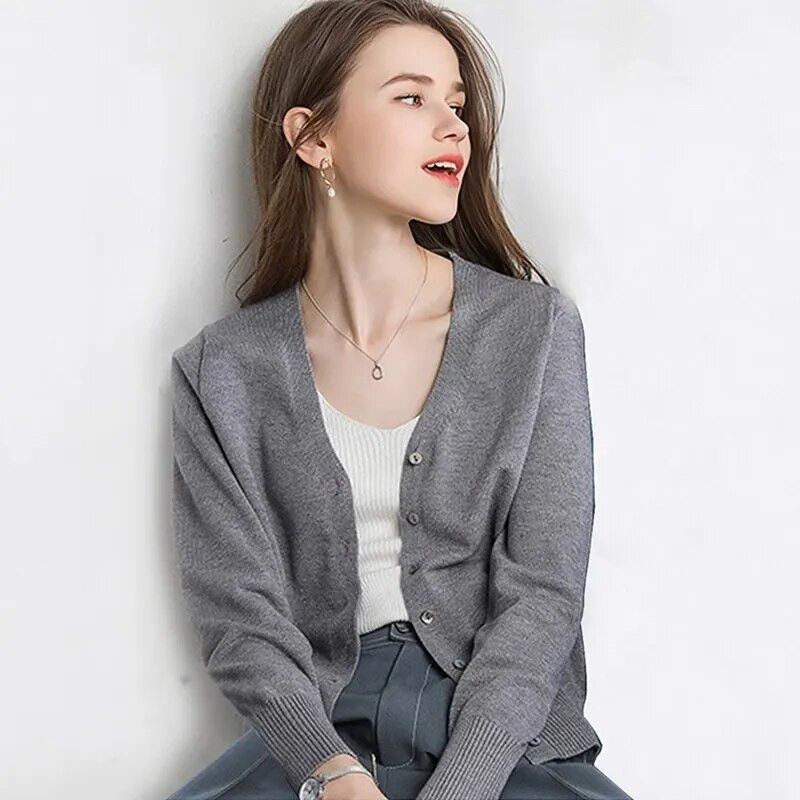 Proljetno-jesenski ženski jednobojni pleteni džemper džemper s jednim kopčanjem, uski pulover s V-izrezom Ležerni džemper kaput