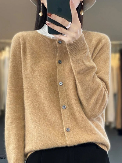 Nova šik jesensko-zimska ženska vesta s grace kardiganom s O-izrezom 100% merino vuna Jednobojna pletena ženska odjeća od kašmira Basic Tops