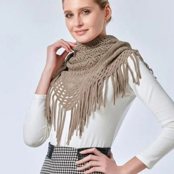 Моден едноцветен климатик Топъл вълнен плетен шал Дамски зимен студен кашмирен шал с ресни на цветя, кух триъгълник T78