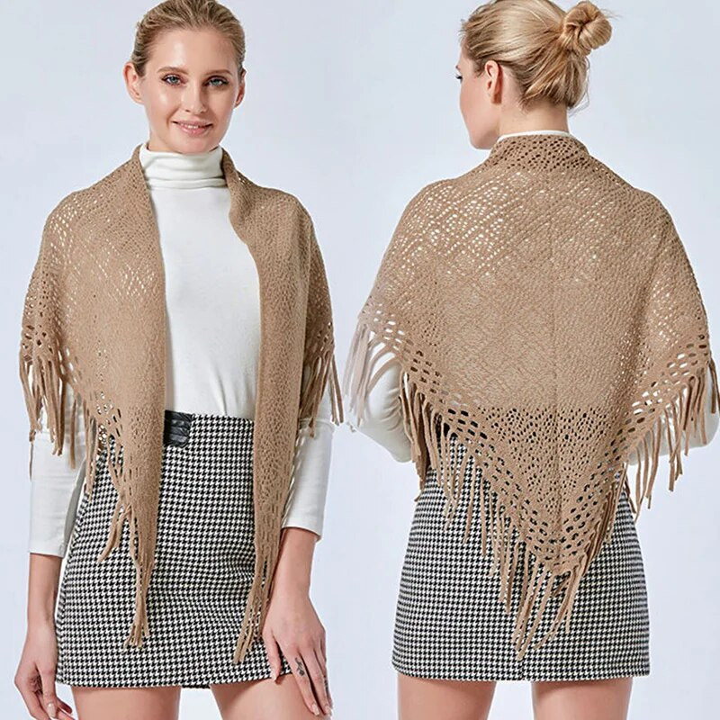 Modni jednobojni klima uređaj Topli vuneni pleteni šal Ženska zima Hladna marama od kašmira s resama cvijeta Šuplji trokut T78