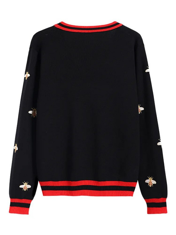 Augstas kvalitātes modes dizaineru bišu izšuvumi jaciņa ar garām piedurknēm ar vienu rindu kontrasta krāsu pogas trikotāžas džemperi C-068