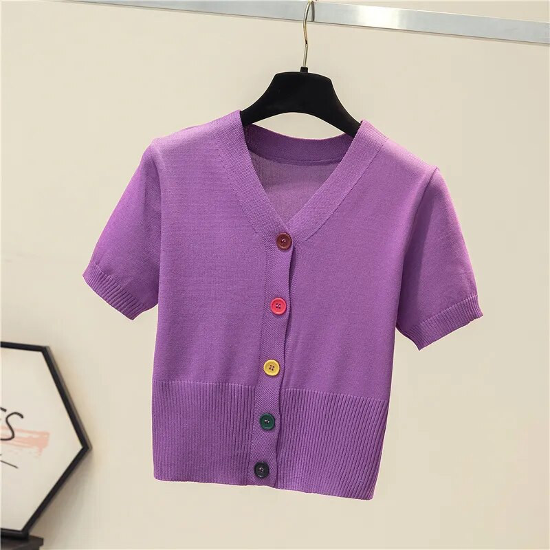 LJSXLS Sieviešu džemperis ar īsām piedurknēm, sieviešu džemperis ar V kakla izgriezumu, vienrindas sieviešu džemperis ar īsām piedurknēm.