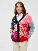 Kontrastējošas krāsas Trikotāžas jaciņa Sieviešu žakarda Eleganta džemperis ar vienrindu, brīvu V veida kakla izgriezumu sieviešu rudens ziemas karikatūras tops