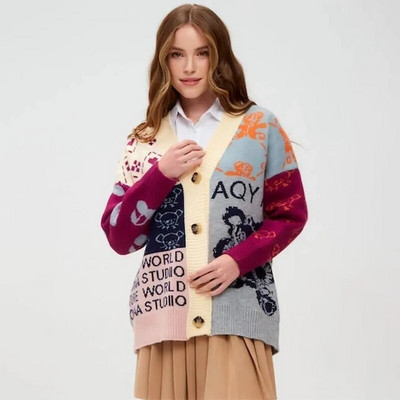 Kontrastējošas krāsas Trikotāžas jaciņa Sieviešu žakarda Eleganta džemperis ar vienrindu, brīvu V veida kakla izgriezumu sieviešu rudens ziemas karikatūras tops