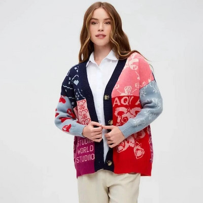 Kontrastējošas krāsas Trikotāžas jaciņa Sieviešu žakarda Eleganta džemperis ar vienrindu, brīvu V veida kakla izgriezumu sieviešu rudens ziemas karikatūras tops