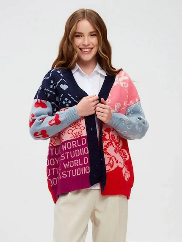 Kontrastējošas krāsas Trikotāžas jaciņa Sieviešu žakarda Eleganta džemperis ar vienrindu, brīvu V veida kakla izgriezumu sieviešu rudens ziemas karikatūras tops