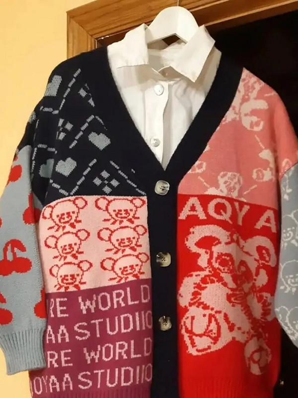 Kontrastējošas krāsas Trikotāžas jaciņa Sieviešu žakarda Eleganta džemperis ar vienrindu, brīvu V veida kakla izgriezumu sieviešu rudens ziemas karikatūras tops