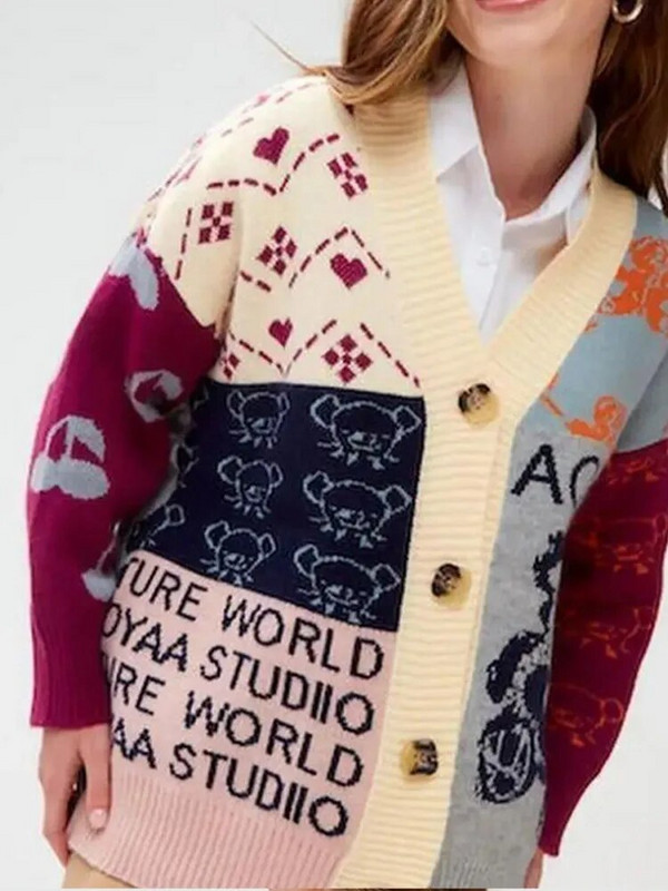 Kontrastējošas krāsas Trikotāžas jaciņa Sieviešu žakarda Eleganta džemperis ar vienrindu, brīvu V veida kakla izgriezumu sieviešu rudens ziemas karikatūras tops