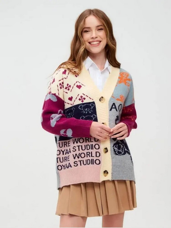 Kontrastējošas krāsas Trikotāžas jaciņa Sieviešu žakarda Eleganta džemperis ar vienrindu, brīvu V veida kakla izgriezumu sieviešu rudens ziemas karikatūras tops