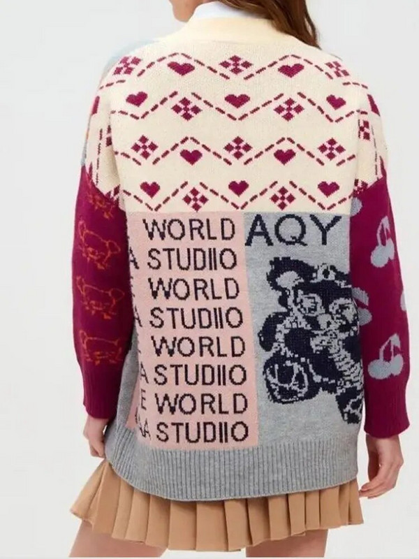 Kontrastējošas krāsas Trikotāžas jaciņa Sieviešu žakarda Eleganta džemperis ar vienrindu, brīvu V veida kakla izgriezumu sieviešu rudens ziemas karikatūras tops