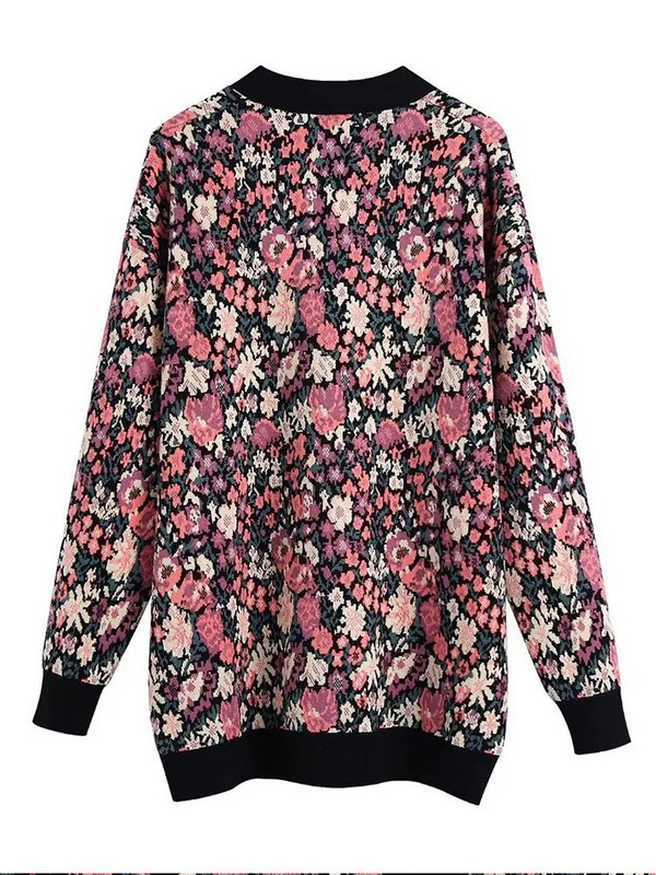 Jacquard tkani kardigan s V-izrezom Ženski pleteni široki pulover s jednim kopčanjem kontrastnih boja Ženski jesenski i zimski šareni top