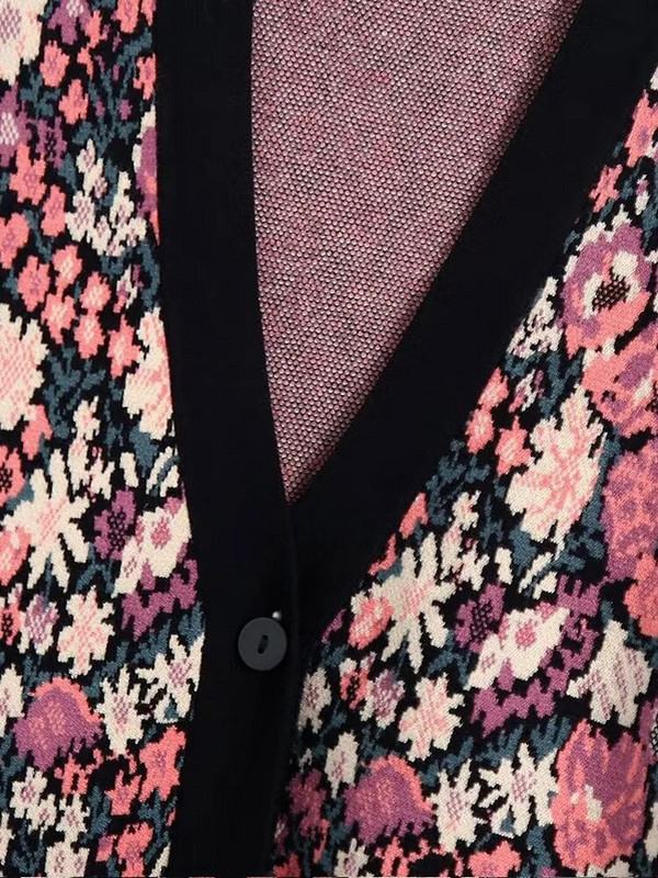 Jacquard tkani kardigan s V-izrezom Ženski pleteni široki pulover s jednim kopčanjem kontrastnih boja Ženski jesenski i zimski šareni top