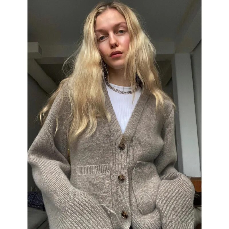 Elegants V-veida kakla izgriezums, sieviešu džemperis, kas atbilst sieviešu stilam, masīvs ar garām piedurknēm, kabatas ar vienrindu