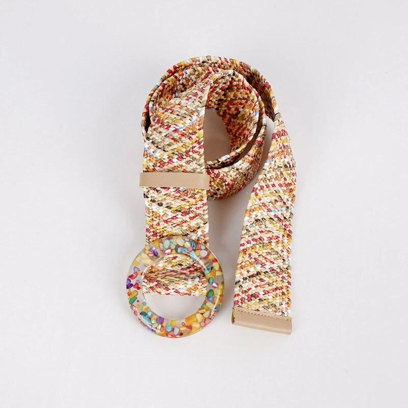 Pleteni ženski remen Vintage široki boemski remeni Dizajnerski ukrasni ženski remen od PP slame oko struka, šarene kopče