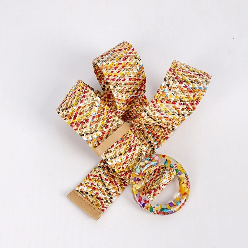 Pleteni ženski remen Vintage široki boemski remeni Dizajnerski ukrasni ženski remen od PP slame oko struka, šarene kopče