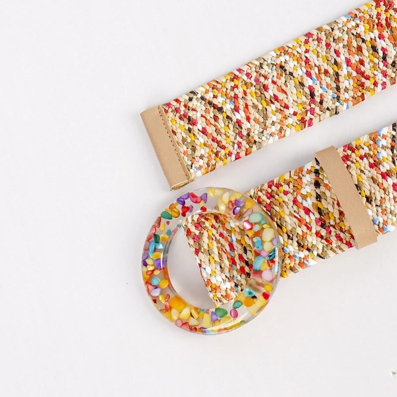 Pleteni ženski remen Vintage široki boemski remeni Dizajnerski ukrasni ženski remen od PP slame oko struka, šarene kopče