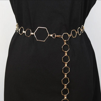 Модни дамски геометрични метални колани с шестоъгълна форма на златни филийки Женска дамска верига за кръста, лятна рокля, регулируем колан с верига