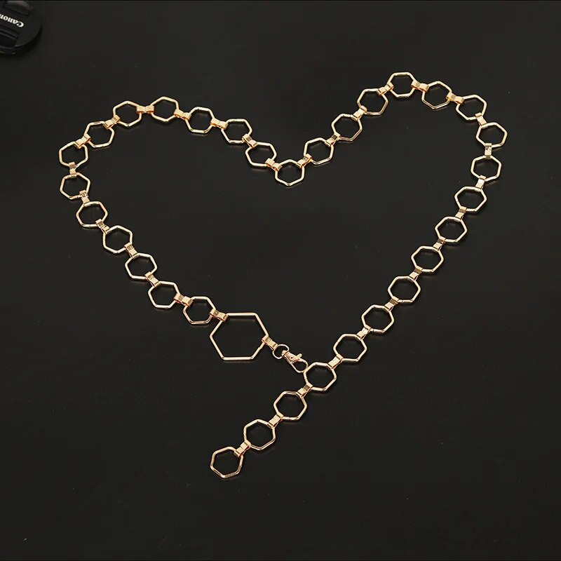 Modni ženski geometrijski metalni pojasevi u obliku šesterokuta, zlatna traka, ženska ljetna haljina s lancem oko struka, podesivi pojas s lancem