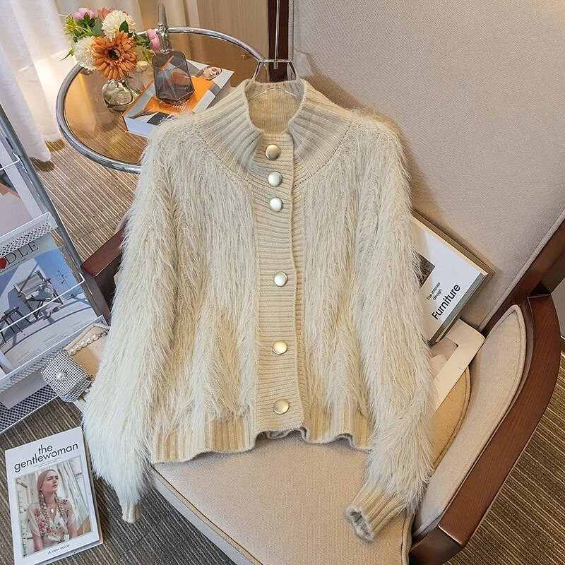 Pulover s polu visokim ovratnikom za ženske jesensko-zimske 2023., nove prevelike široke tople pletene kapute s jastučićima, ležerne kardigane