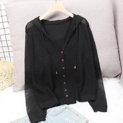 Női kapucnis pulóver tavaszi nyár kötött kardigán kabát női kapucnis felső pulóver Vékony vájt napvédő kabát koreai divat