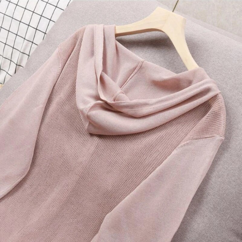 Női kapucnis pulóver tavaszi nyár kötött kardigán kabát női kapucnis felső pulóver Vékony vájt napvédő kabát koreai divat