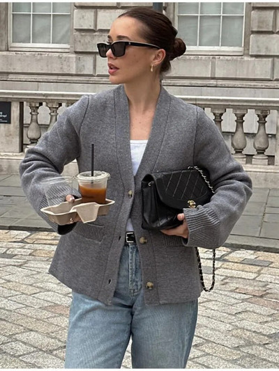 Ženski jednoredni džepni kardigan s jednorednim kopčanjem, dugih rukava, prošiven, spojeni pleteni džemper, modni pulover