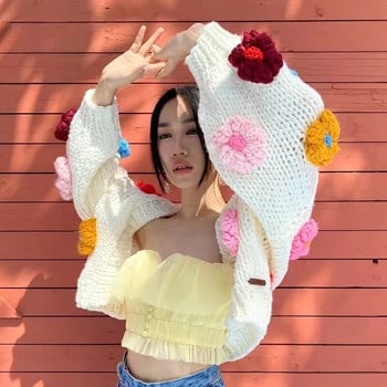 Harajuku Flower Cardigan Γυναικείο πουλόβερ Γλυκό χαριτωμένο μακρυμάνικο πλεκτό πουλόβερ Κορεάτικο Y2K Streetwear Φθινόπωρο Χειμώνας Casual τοπ